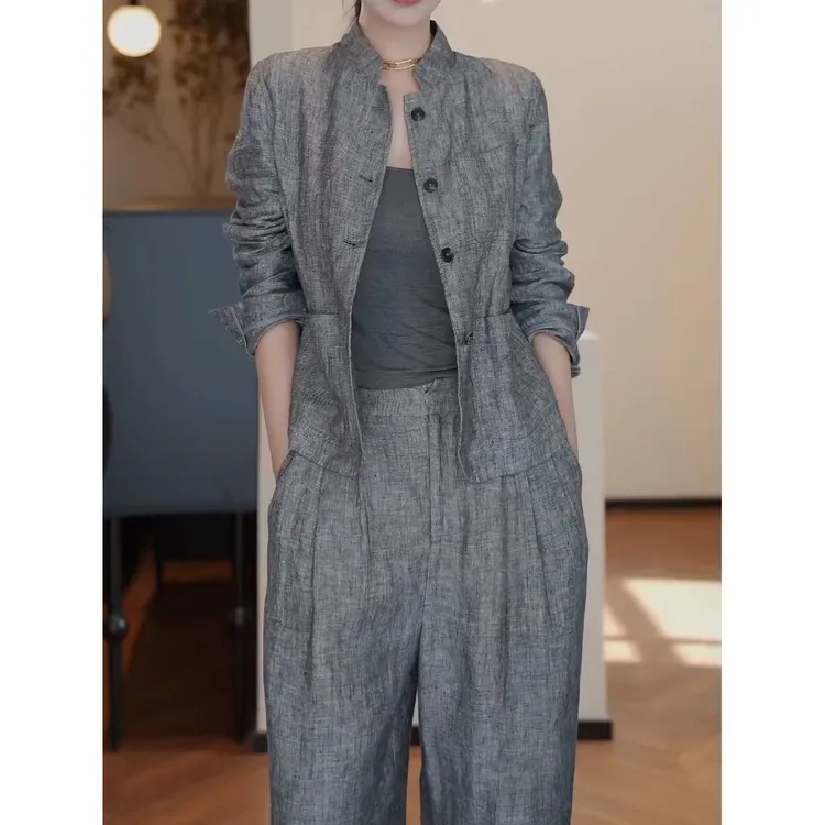 时尚休闲套装女2025秋季新款高档气质纯色长袖上衣+阔腿裤两件套