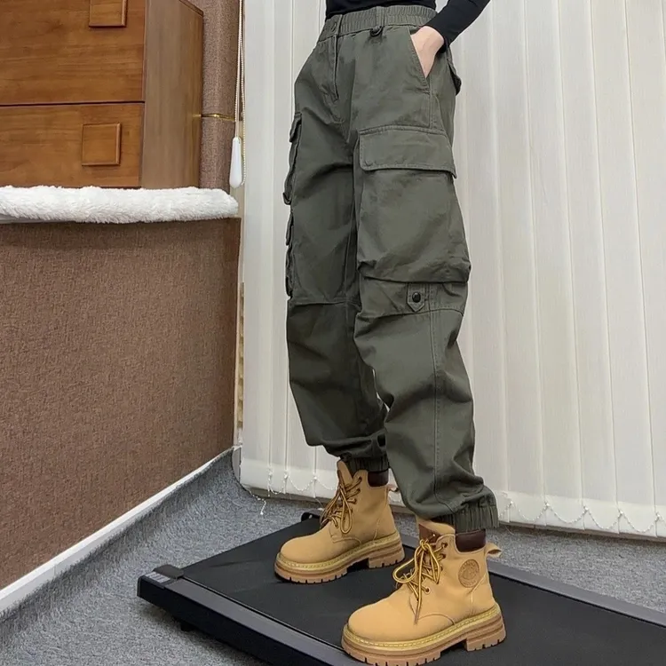 秋冬加绒户外工装裤宽松多口袋男女纯棉束脚哈伦裤复古耐磨休闲裤