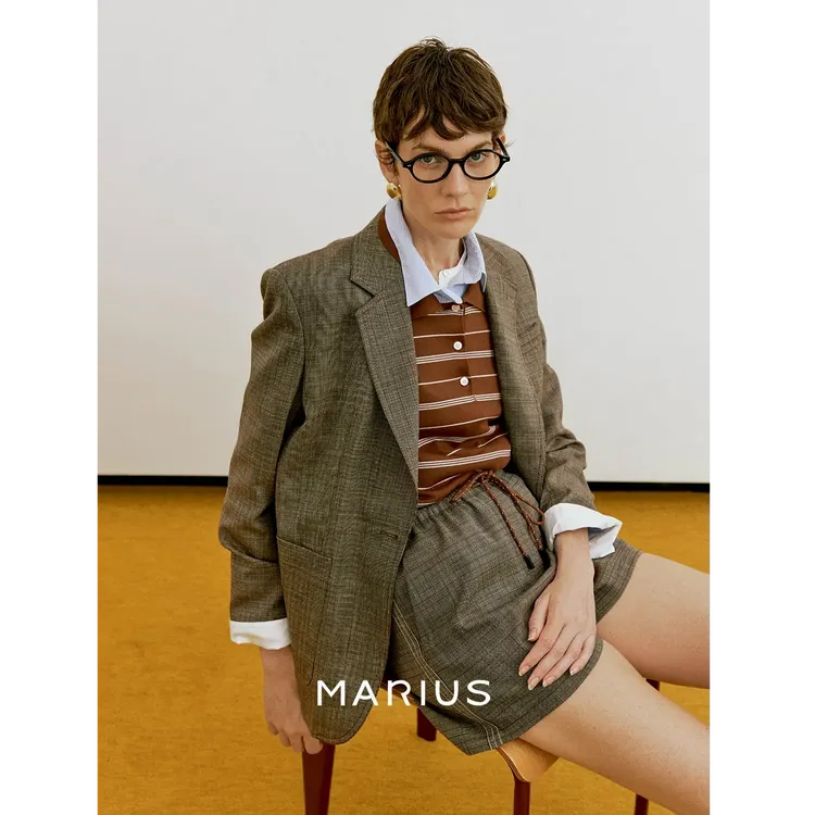 MARIUS“香榭丽舍”進口NIKKE绵羊毛真丝通勤格纹西装抽绳短裤