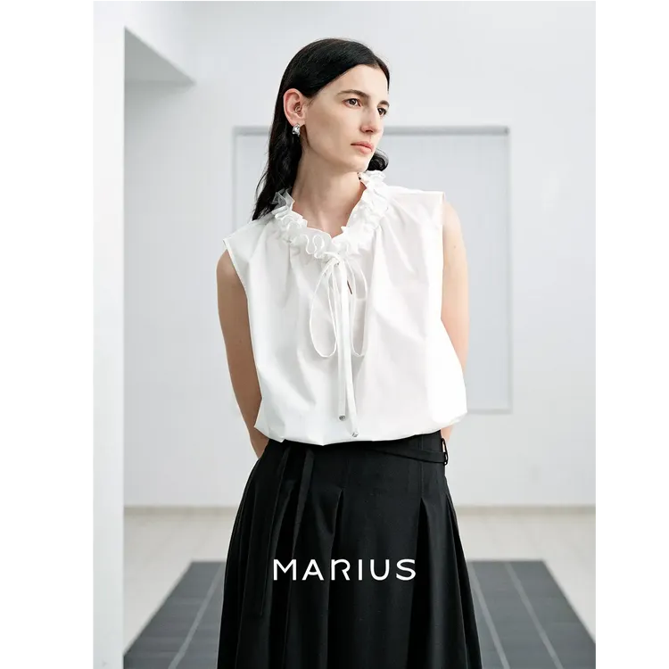 MARIUS"千金玛德琳 "MIU风荷叶领抽绳设计高密高弹无袖衬衫秋