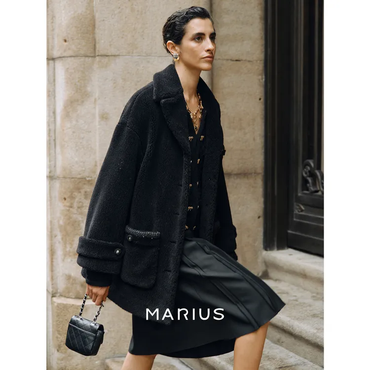 MARIUS "黑珍珠"鼎级羊驼毛慵懒老钱风大翻领三袋泰迪小香大衣
