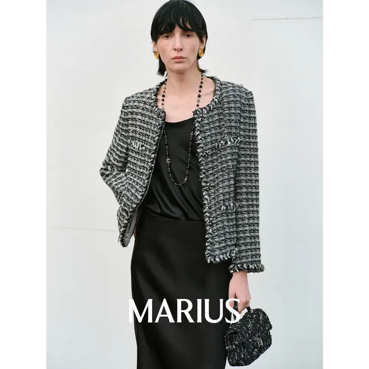 MARIUS“银山泉”重工立体小千鸟格肌理粗花呢条纹四贴袋小香外套