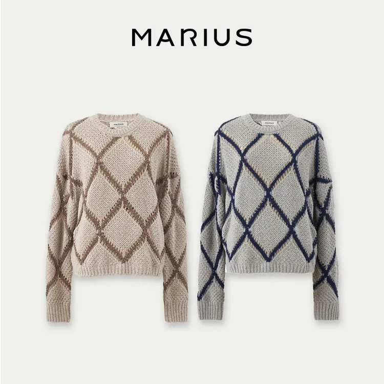 MARIUSMARIUS花式优质软糯亲肤萋形格嵌花古典韵味雅致针织套衫