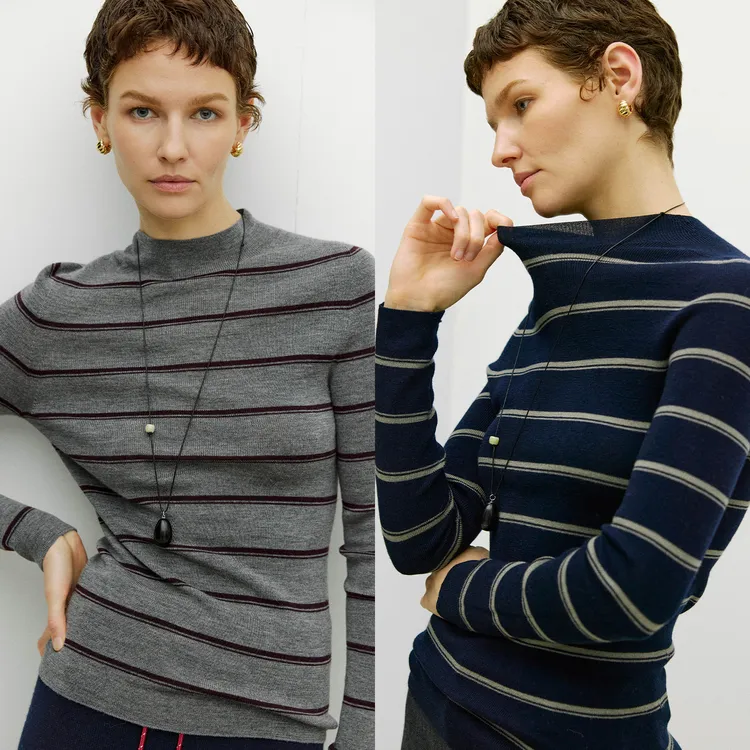 MARIUS“调色盘”18针无缝一体德国扬子半高领条纹针织打底衫