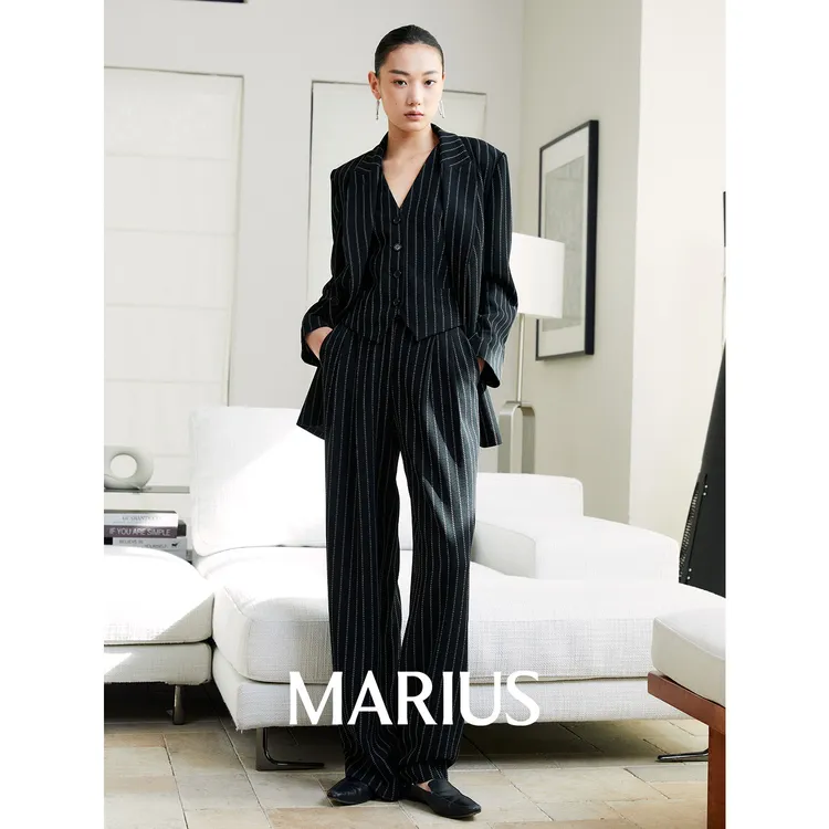 MARIUS【比弗利】重磅醋酸立体刺绣条纹西装/中裤/拖地裤显瘦修身