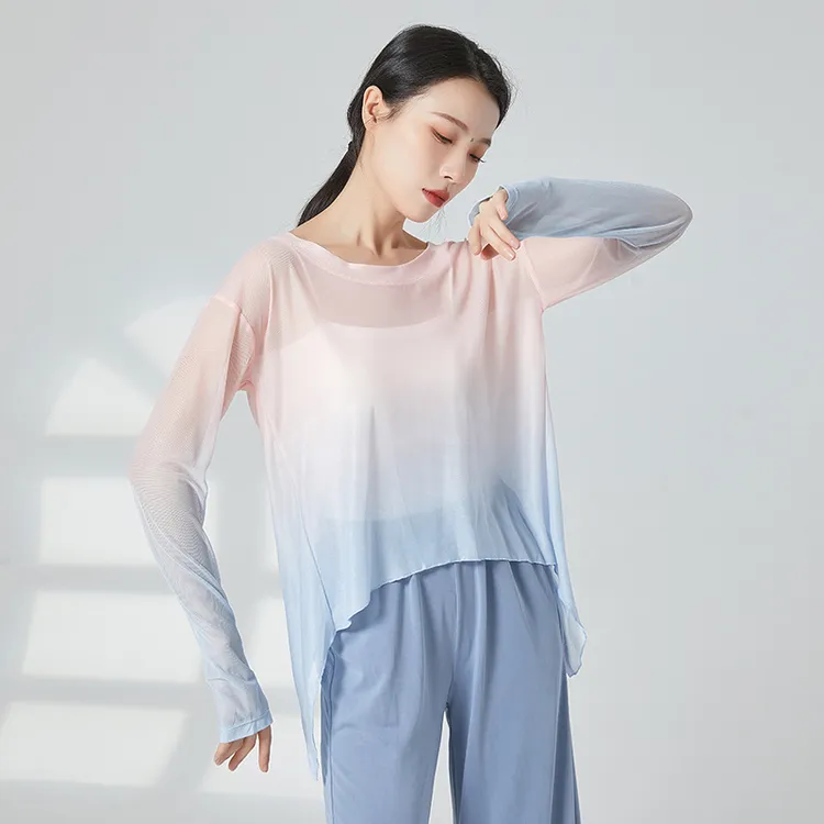古典舞蹈服飘逸身韵渐变纱衣中国舞现代舞练功服夏季上衣女薄款