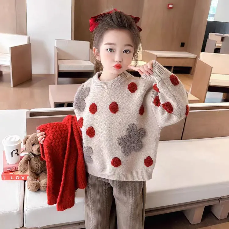 女童毛衣2025冬季加厚圆领套头针织衫女宝宝时尚外穿洋气可爱外穿