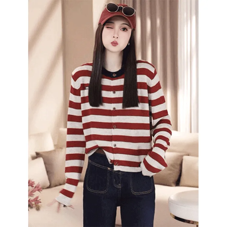 早秋条纹针织衫女2024新款春秋款针织开衫毛衣外套初秋长袖上衣女