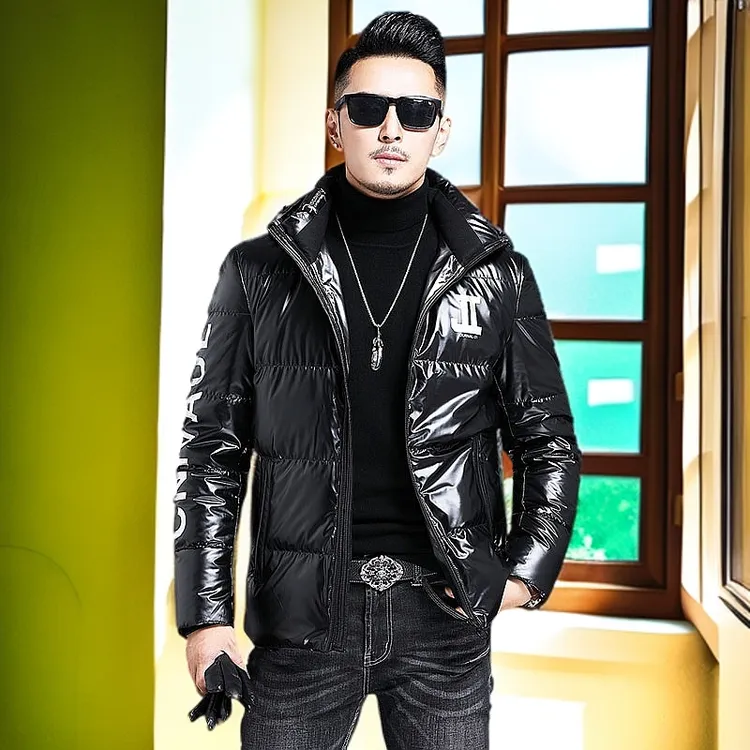 亮面黑金白鸭绒男士羽绒服冬季加厚保暖中青年防寒服男装外套上衣