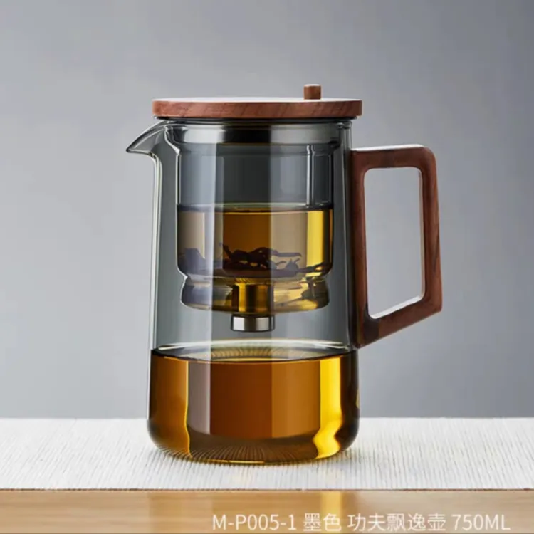  飘逸杯泡茶壶玻璃内胆一键过滤茶水分离按压式冲茶壶胡桃木茶杯