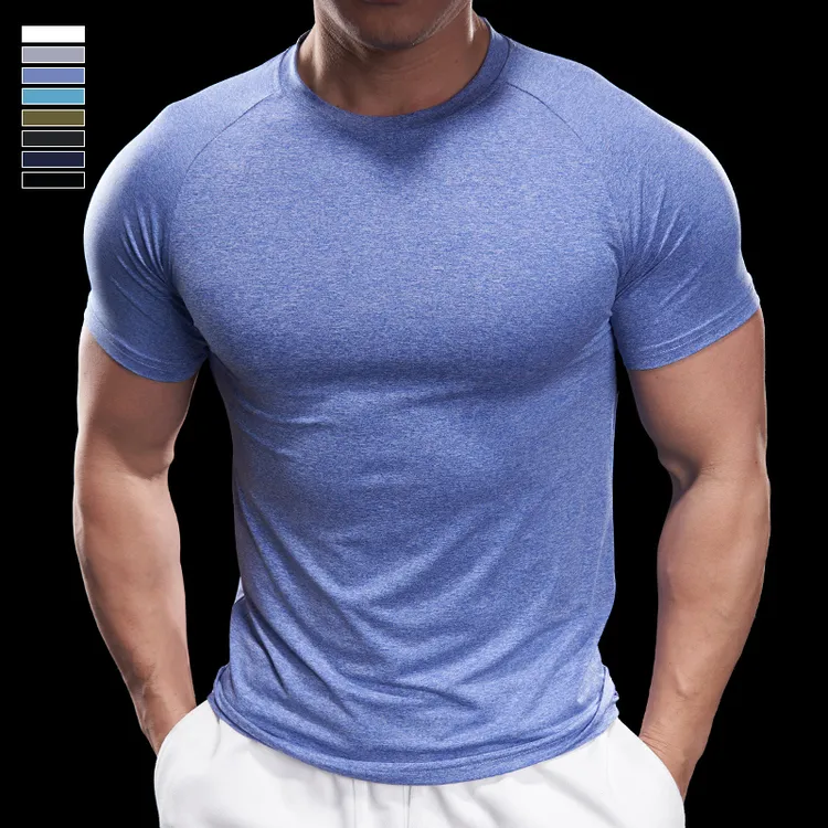 霸道肌肉春夏季男士跑步训练运动健短袖t恤速干上衣休闲纯色圆领