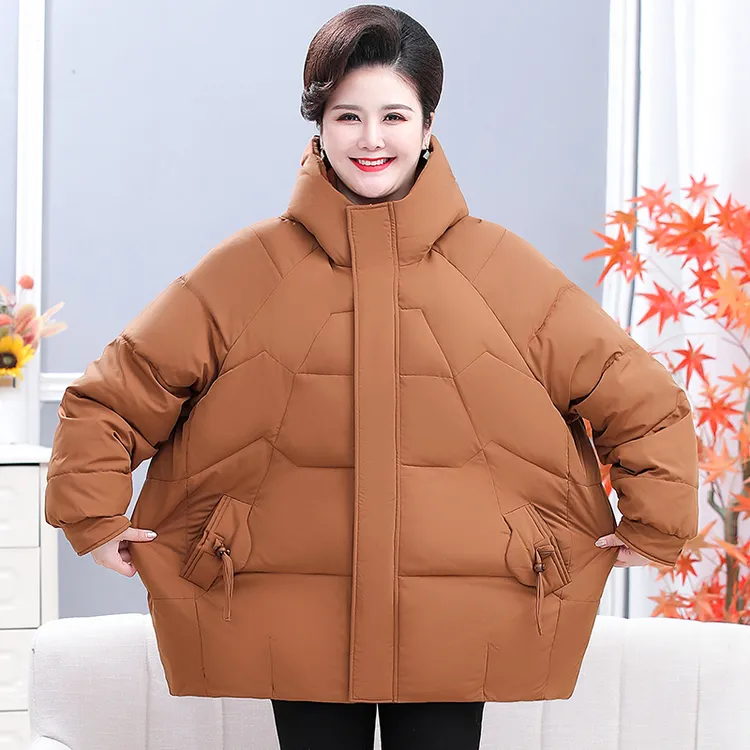 220斤纯色加厚保暖妈妈装棉衣中老年女连帽棉袄大码宽松冬季时尚