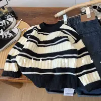 童例「杏黑条纹麻花圆领针织衫」秋冬洋气休闲毛衣男童女童百搭套头