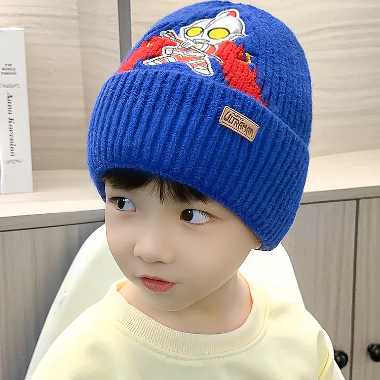 儿童帽子男孩帅气奥特曼刺绣针织帽秋冬款加厚保暖百搭毛线护耳帽