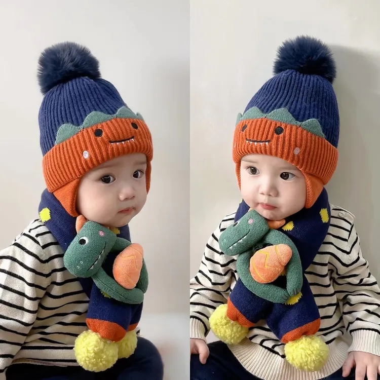 宝宝帽子围巾套装冬天保暖婴儿帽秋冬季护耳帽男童女童恐龙毛线帽