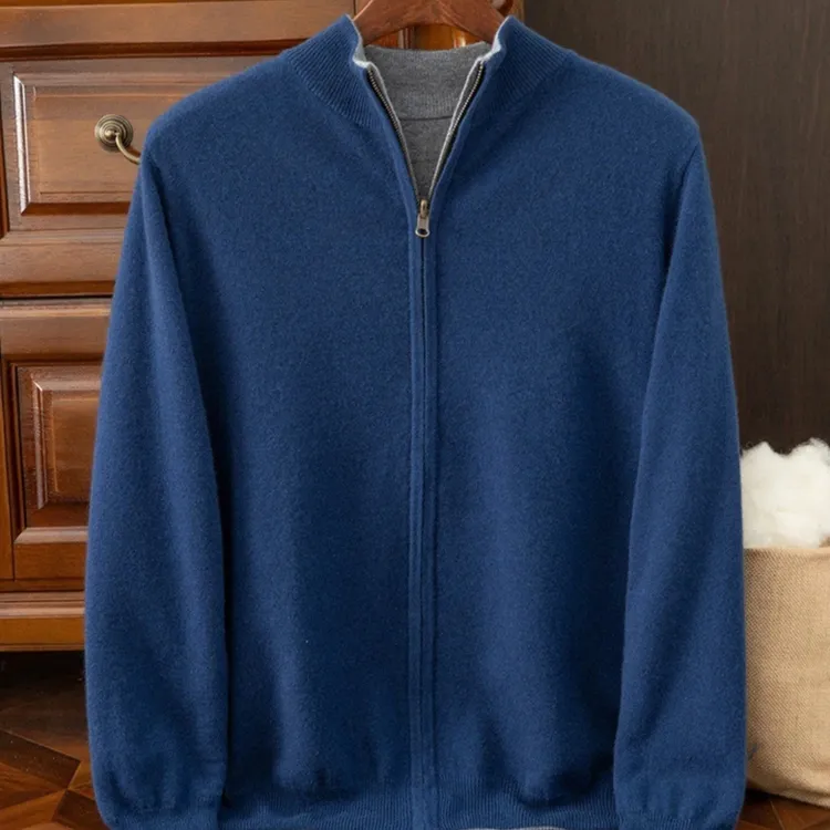 100%小山羊绒开衫男双面加厚商务休闲拉链针织立领保暖羊绒衫外套