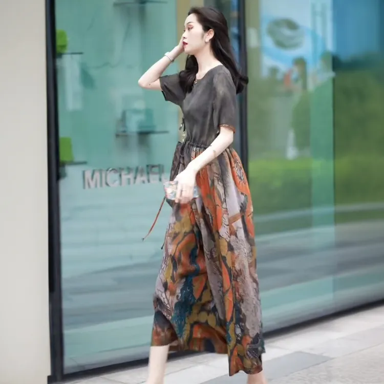 2024夏季气质连衣裙复古晕染印花茶歇裙雪纺衬衫女款2025款时尚