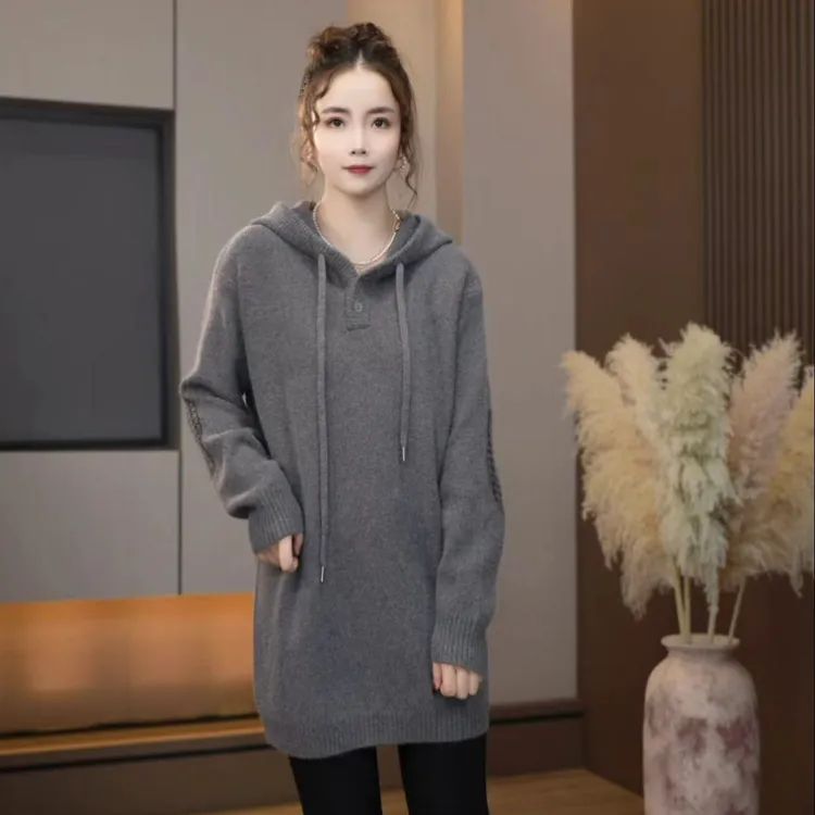 秋冬新款欧货针织短裙时尚宽松连帽中长款女款慵懒风毛衣外搭女装