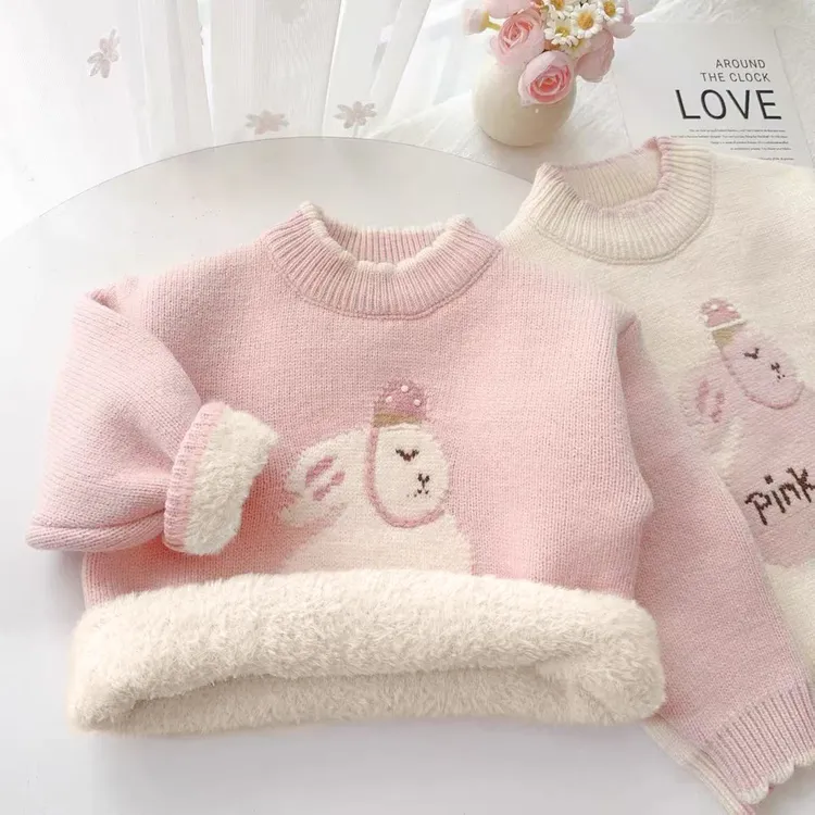 女宝宝一体绒毛衣2024新款女童冬季针织衫女孩加厚卡通打底衫儿童