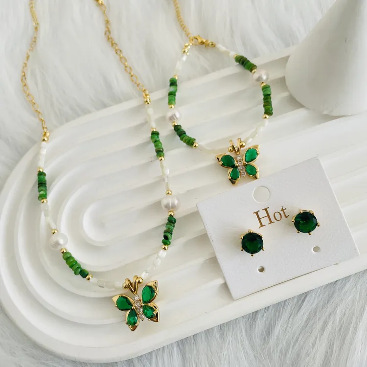 钛钢仿珍珠项链 如饰 绿色手工款三件套套装时尚气质