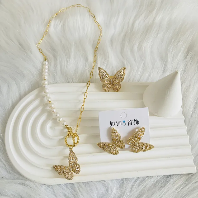 钛钢仿珍珠项链 如饰 蝴蝶AB链三件套套装时尚气质轻奢百搭