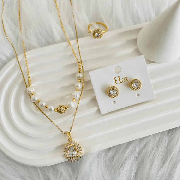 钛钢仿珍珠项链 如饰 水滴形双层链手工三件套时尚轻奢优雅简约