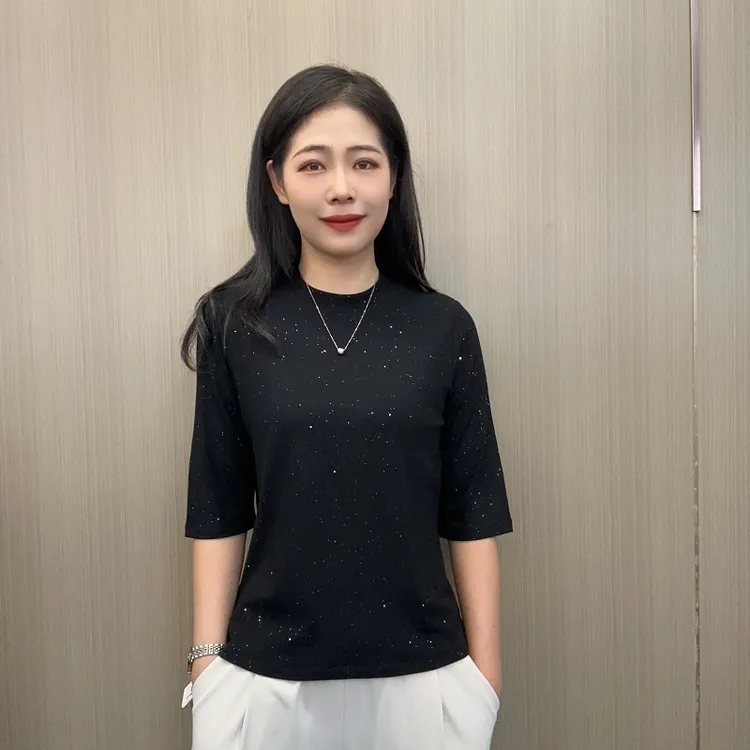 金六指2025年早秋新款立领时尚休闲百搭显瘦女士半袖高级打底杉