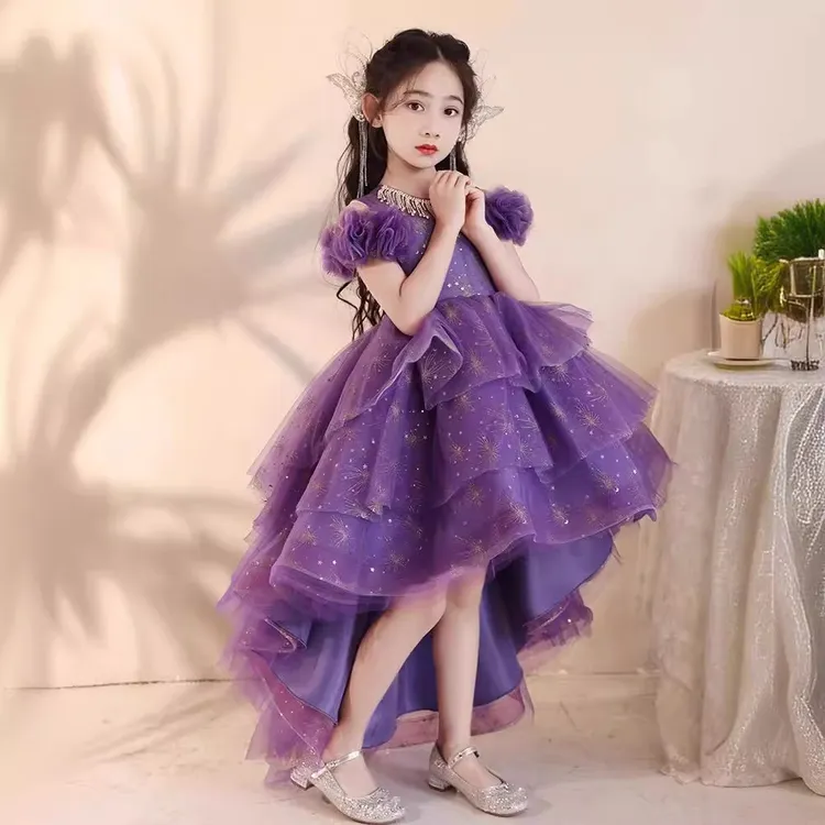 女童礼服紫色公主裙2025新款前短后长蓬蓬蛋糕裙小女孩钢琴演出服