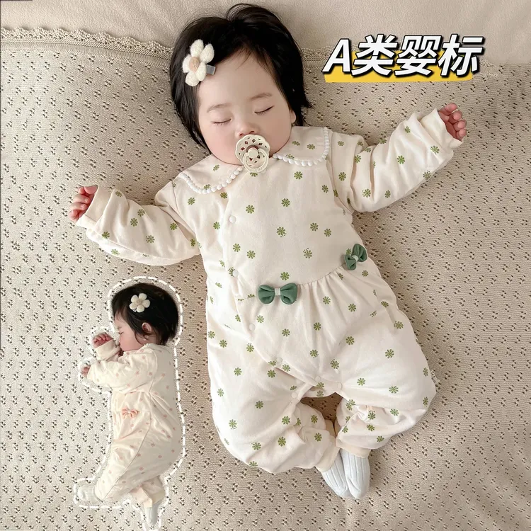 新生婴儿衣服春秋季初生女宝宝保暖连体衣婴幼儿夹棉哈衣爬服春装