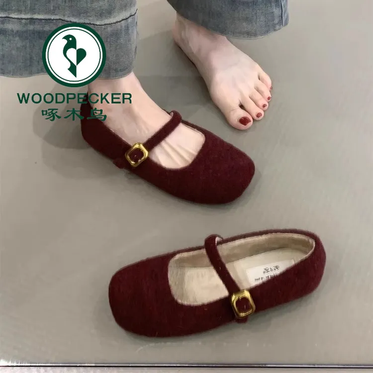 啄木鸟复古玛丽珍加绒毛毛鞋女鞋2025秋季新款平底豆豆鞋保暖单鞋