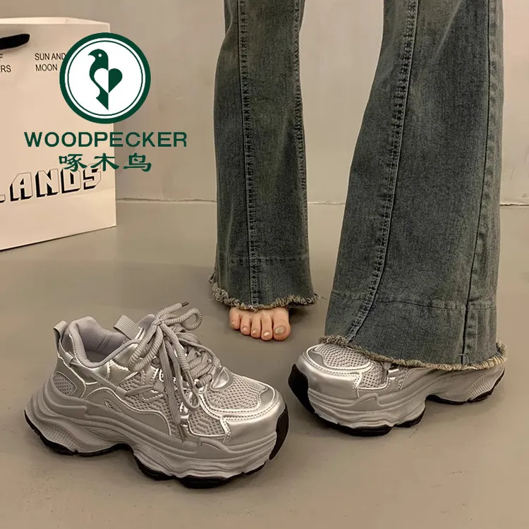 啄木鸟厚底老爹鞋女秋季小个子增高2025年新款网面透气休闲运动鞋
