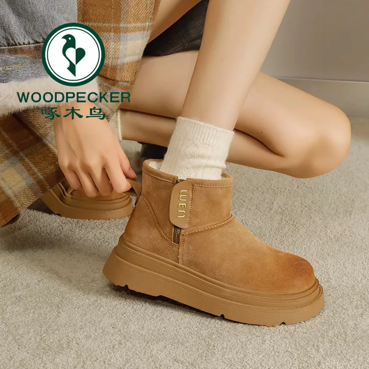 啄木鸟厚底短筒雪地靴女2025冬季新款防滑加绒保暖短靴子毛毛棉鞋