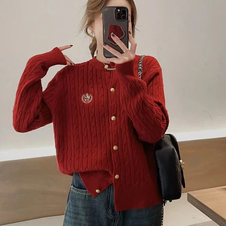 刺绣毛衣针织衫麻花开衫2024秋季新款百搭上衣圆领春秋外套女