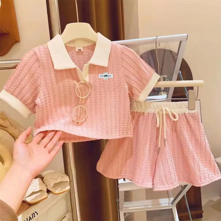 2025夏季新款独特甜美女宝宝套装Polo领包边短袖打底衫套装两件套