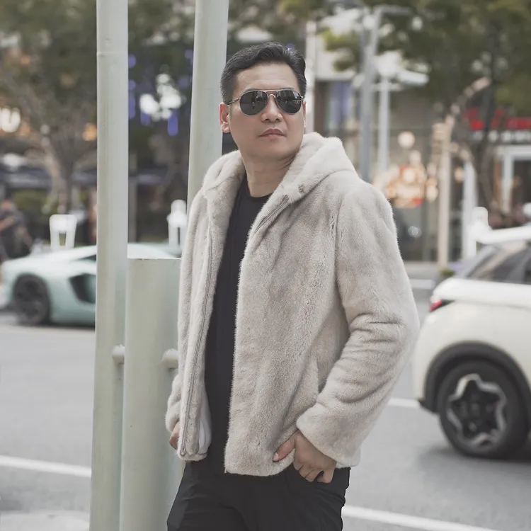 秋冬季男士保暖水貂外套带帽款休闲夹克紫金短二天鹅绒真皮草时尚