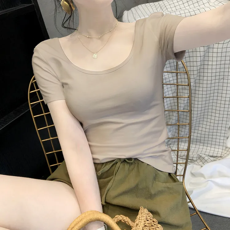 卡其色U领短袖T恤女2025夏季新款莫代尔薄款露背百搭紧身透气上衣
