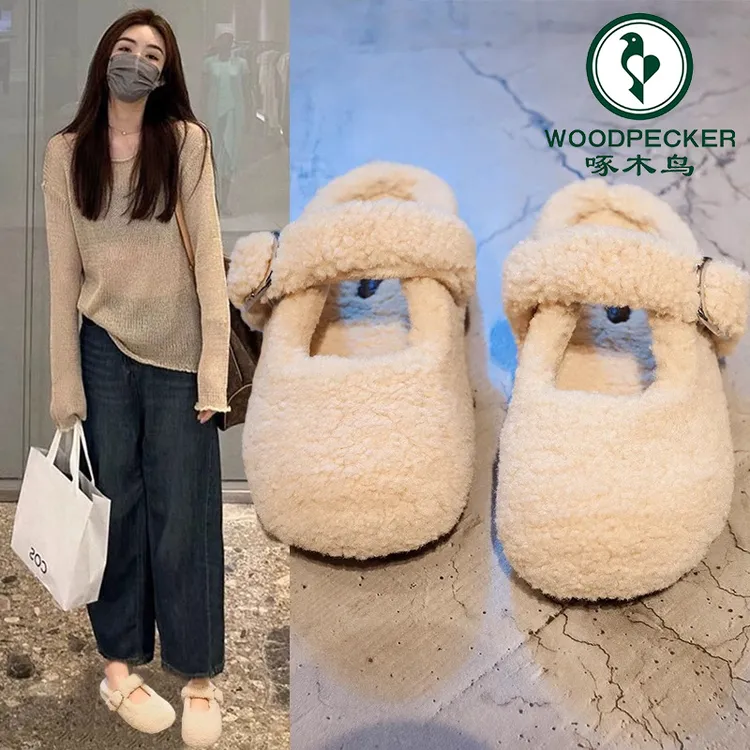 啄木鸟网红爆款玛丽珍棉鞋女秋冬新款法式包头保暖毛毛鞋半拖鞋女