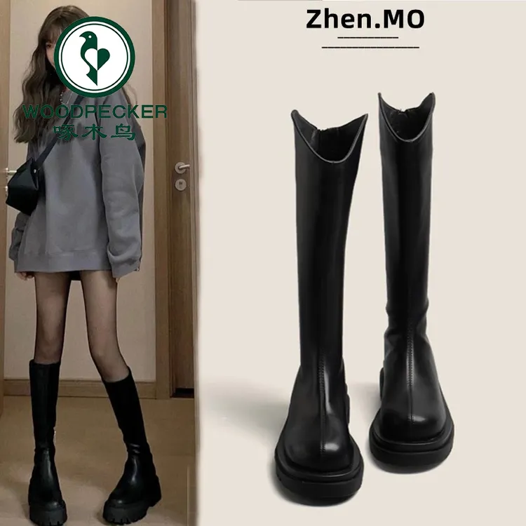 啄木鸟长筒靴女2025新款春秋厚底高筒骑士靴瘦瘦女靴子小个子长靴