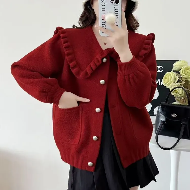 娃娃领毛呢外套女2024秋季新款简约温柔小香风韩系小个子开衫上衣