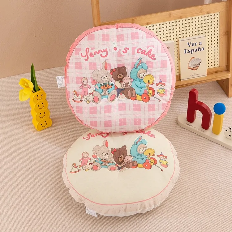 格子音乐熊女孩款棉麻圆形椅子坐垫居家用儿童女孩榻榻米地板垫子