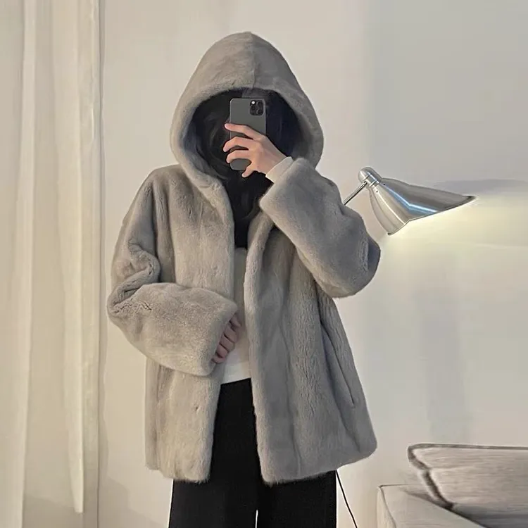 进口时尚天鹅绒紫金短二连帽短款貂皮大衣女整貂皮草外套