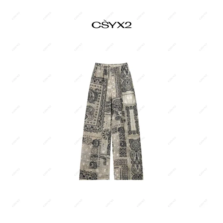 CsyX2-2025S/S 早春新款时尚气质松紧腰复古腰果印花休闲裤K20737