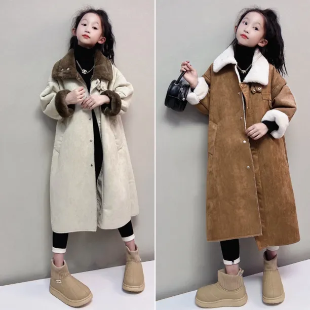 女童羊羔毛皮毛一体外套秋冬2025新款儿童韩系加厚中长款过膝大衣