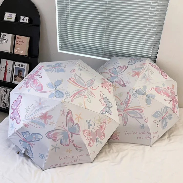 法式蝴蝶碎花全自动晴雨两用防晒防紫外线遮阳女雨伞黑胶学生小巧