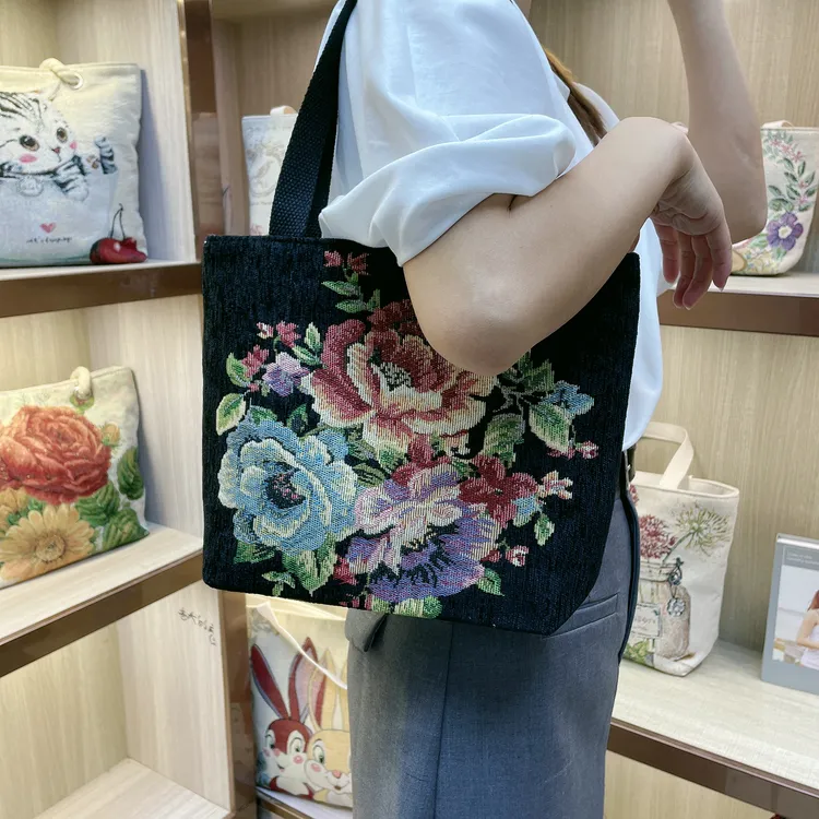 大手提黑色牡丹花雪尼尔面料