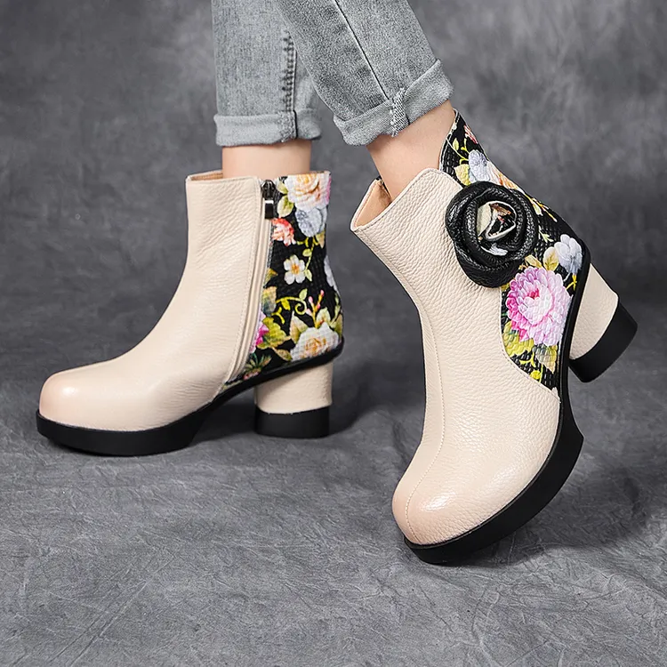 嫔妃丽人头层牛皮民族风真皮厚底百搭小个子短筒骑士靴粗腿马丁靴