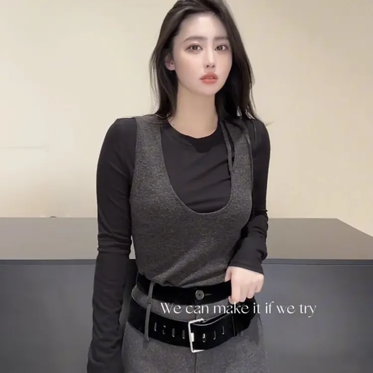 2024秋冬季内搭长袖修身弹力T恤吊带背心套装圆领时尚两件套显瘦