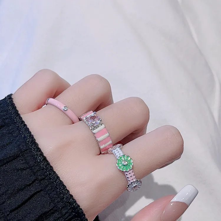 花朵开口粉色戒指女高级感指环小众食指戒组合套戒