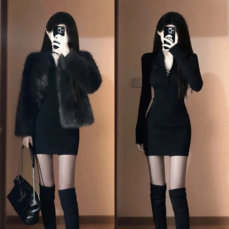 黑色修身长袖包臀裙显瘦连衣裙女春秋爆款2025新款裙子轻奢小黑裙