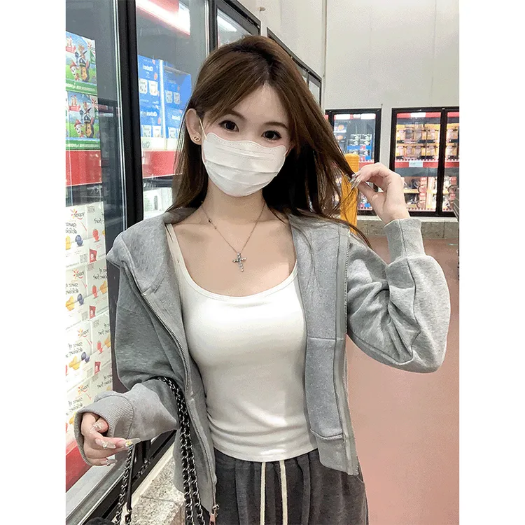 灰色宽松拉链连帽卫衣外套女春秋爆款2025新款小个子百搭上衣即墨